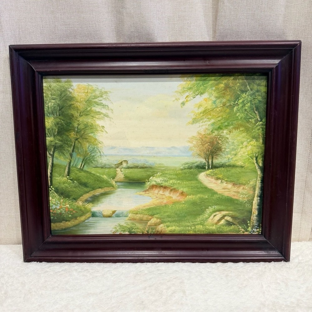 Vintage Original Landscape Oil Painting with Forest and Creek in Dark Wood Frame